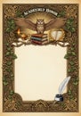 Ornate certificate design featuring an owl with outstretched wings atop a stack of books, Royalty Free Stock Photo