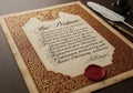 Ornate certificate with an elaborate red and gold border featuring a coat of arms at the top. Royalty Free Stock Photo