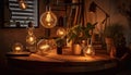 Ornate chandelier illuminates rustic flower pot decor generated by AI