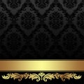 Ornate charcoal damask Background with golden Ribbon.