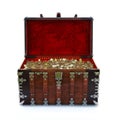 Ornate chest filled with gold coins on an isolated white background.
