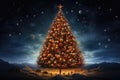 An ornate Christmas tree decorated with Christmas toys outdoors under starry sky. New Year. Royalty Free Stock Photo