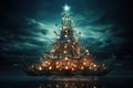 An ornate Christmas tree decorated with Christmas toys outdoors under starry sky. New Year. Royalty Free Stock Photo