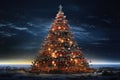 An ornate Christmas tree decorated with Christmas toys outdoors under starry sky. New Year. Royalty Free Stock Photo