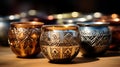 Ornate Copper and Silver Decorative Pots on Display.Generative ai Royalty Free Stock Photo
