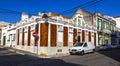 Ornate corner house in the historic center of Palmela, Setubal, Portugal