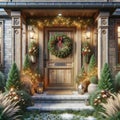 Ornate Country Home Front Pine Entrance Door Decorations Christmas Holiday Celebrating Season Wreath AI Generate Royalty Free Stock Photo