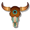 Ornate cow skull encrusted with turquoise precious stones. Vector cartoon close-up illustration.