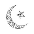 Ornate crescent with star, Ramadan traditional symbol. Outline moon with star, black contour. Ramadan sign, Eid Mubarak