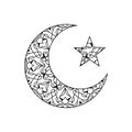 Ornate crescent with star, Ramadan traditional symbol. Outline moon with star, black contour. Ramadan sign, Eid Mubarak