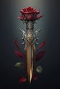 An ornate dagger with a red rose.