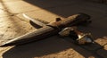 Ornate dagger in scabbard lies on stone in warm sunlight Royalty Free Stock Photo