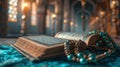 Ornate decorations, Quran verses, and prayer beads create a spiritually rich ambiance with copy space Royalty Free Stock Photo