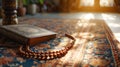 Ornate decorations, Quran verses, and prayer beads create a spiritually rich ambiance with copy space Royalty Free Stock Photo