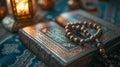 Ornate decorations, Quran verses, and prayer beads create a spiritually rich ambiance with copy space Royalty Free Stock Photo