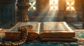 Ornate decorations, Quran verses, and prayer beads create a spiritually rich ambiance with copy space Royalty Free Stock Photo