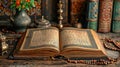 Ornate decorations, Quran verses, and prayer beads create a spiritually rich ambiance with copy space