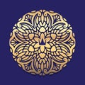 Ornate, decorative, lace, gold frame, mandala on blue dark background with crown. It can be used for decorating of invitations, g