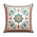 Ornate Decorative Pillow with Floral Teal and Orange Pattern on White Background Royalty Free Stock Photo