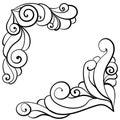 Ornate doodle corners with spiral patterns and smooth lines for design, fancy outline frames