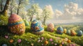 Ornate Easter Eggs on a Spring Hillside Royalty Free Stock Photo