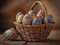 Ornate Easter eggs in a wicker basket, decorated with intricate traditional patterns Royalty Free Stock Photo