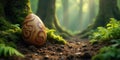 An ornate egg rests gently in the earth, nestled among lush greenery and ancient trees, bathed in soft sunlight. Generative AI Royalty Free Stock Photo