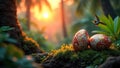 Ornate eggs resting on mossy ground at sunset, with a tiny bird in flight. Generative AI Royalty Free Stock Photo