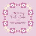 Ornate elegant pink and white floral frame, for greeting card happy valentine day. Vector Royalty Free Stock Photo