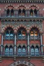 Ornate exterior of St. Pancras Renaissance five-star luxury hotel in St. Pancras international railway station, London, UK