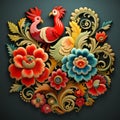 an ornate floral design with roosters and flowers