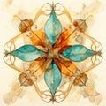 Ornate Floral Watercolor: Turquoise And Amber Geometric Composition