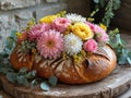 Ornate Flower Decorated Bread Loaf Rustic Setting Royalty Free Stock Photo