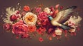 Ornate flower with vintage peonies roses and birds. generative AI