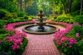 An ornate fountain in a beautiful garden, surrounded by a variety of shrubs and blooming flowers