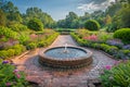 An ornate fountain in a beautiful garden, surrounded by a variety of shrubs and blooming flowers