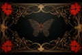 an ornate frame with a butterfly and red flowers on a black background Royalty Free Stock Photo