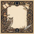Ornate frame featuring an owl (Strigiformes) perched on books, symbolizing wisdom. Royalty Free Stock Photo