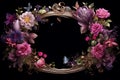 an ornate frame with flowers and butterflies on a black background Royalty Free Stock Photo