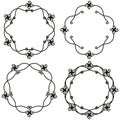 Ornate frame icons. Curly border shape. Black swirl design. Vector circular emblem. Royalty Free Stock Photo