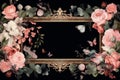an ornate frame with pink roses and butterflies on a black background Royalty Free Stock Photo