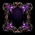 an ornate frame with purple butterflies on a black background Royalty Free Stock Photo