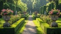 Ornate Garden Path Flanked by Stone Urns and Roses Royalty Free Stock Photo