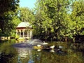 An ornate gazebo beside an ornamental duck pond.