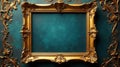 Ornate gilded frame against a deep teal wall, ideal for elegant presentation of artwork or text. Generative AI Royalty Free Stock Photo