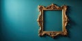 Ornate gilded frame against a teal wall, elegant empty space for artwork. Generative AI Royalty Free Stock Photo