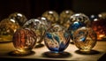 Ornate glass spheres reflect vibrant celebration patterns generated by AI