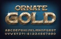 Ornate Gold alphabet font. 3d golden metallic letters and numbers.