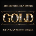 Ornate gold alphabet font. Jeweler golden letters and numbers with diamond gemstones. Royalty Free Stock Photo