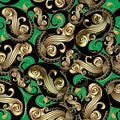 Ornate gold and black vintage Paisley seamless pattern. Green vector ornamental floral background. Repeat decorative ethnic style Royalty Free Stock Photo